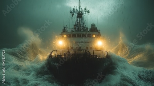 Fototapeta Naklejka Na Ścianę i Meble -  A ship braves a stormy sea with large waves crashing around it.