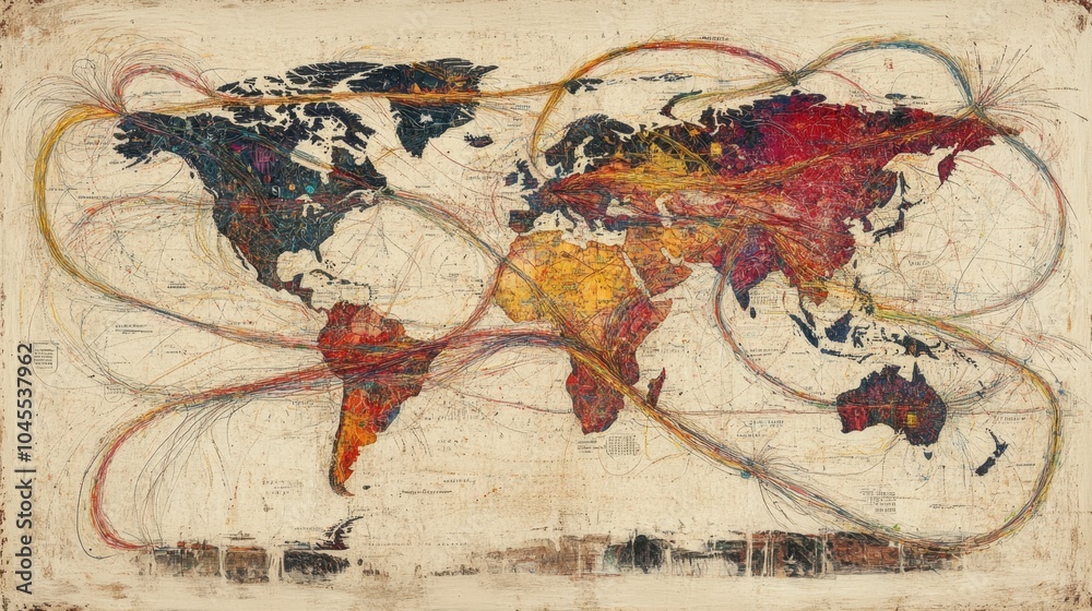 Fototapeta premium A world map with multiple colorful lines crisscrossing oceans and borders, illustrating global economic exchanges.