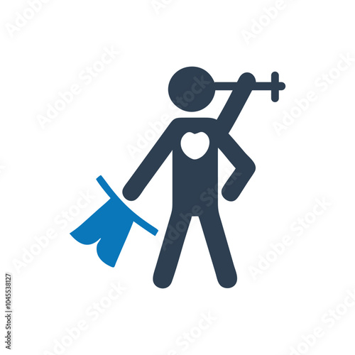 Superhero wearing a cape lifting weights icon