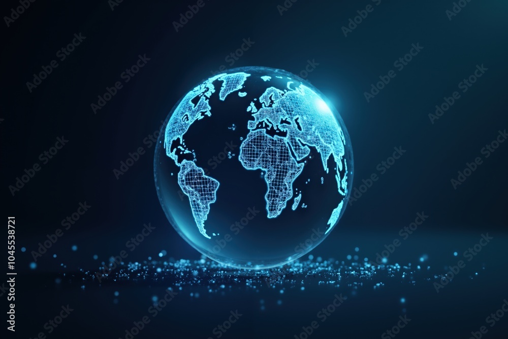 Futuristic digital globe with glowing blue grid patterns and networking concept.