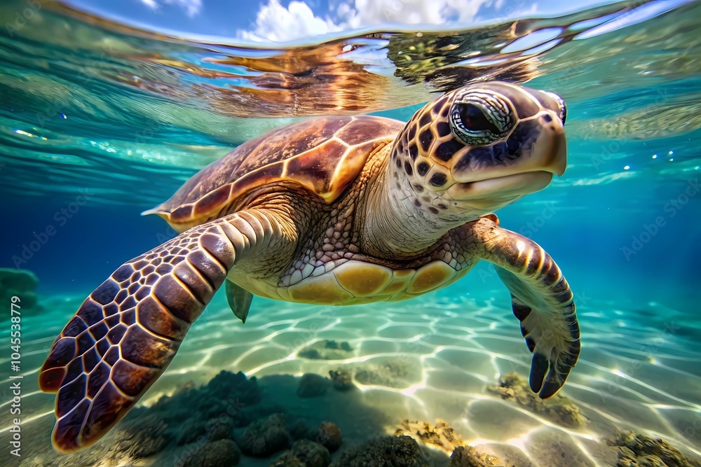 Obraz premium A Stunning Underwater Image of a Sea Turtle Swimming in Crystal-Clear Waters, Highlighting the Importance of Ocean Health