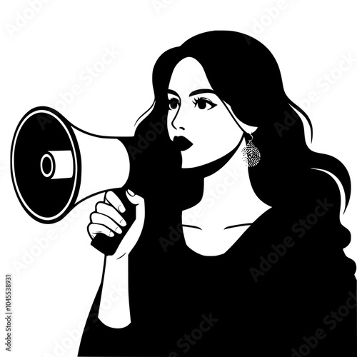 Woman with a megaphone in a protest, black and white vector cartoon