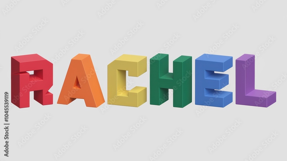 Colorful 3D Text: The name 'RACHEL' displayed in vibrant blocks, suitable for personalized designs or children's materials. Colorful 3D Text: The name 'RACHEL' displayed in vibrant blocks, suitable for personalized designs or children's materials.