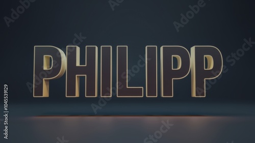 3D Text Rendering: Bold 'PHILIPP' in Gold and Dark Background, Suitable for Branding and Personalization. photo