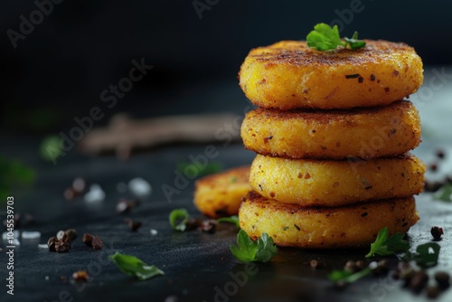 Three fried foods stacked on a table photo