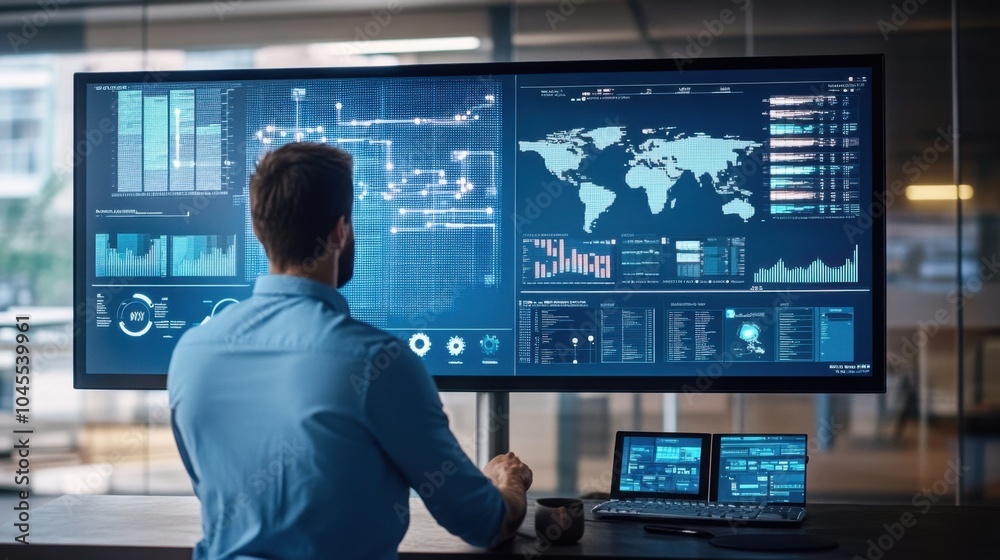 Dispatch center with a huge screen showing live tracking of logistics data and vehicle routes across multiple continents. Dispatch center with a huge screen showing live tracking of logistics data and vehicle routes across multiple continents.