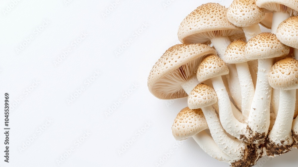 Mushrooms on a white isolate background, highlighting their natural texture and color. Mushrooms on a white isolate background, highlighting their natural texture and color.