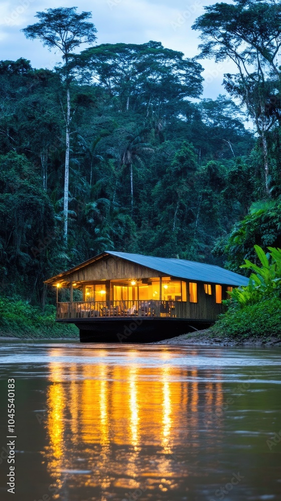 Fototapeta premium A serene wooden houseboat with cozy lights floating on a tranquil river in the Amazon jungle at dusk surrounded by lush greenery