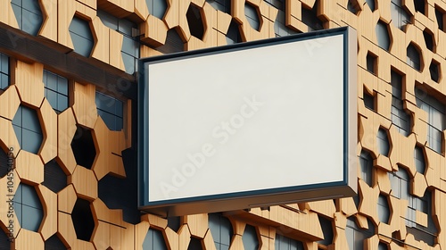 Digital signage on a building with honeycomb-patterned facade
A rectangular digital display stands blank on a building with a honeycomb-patterned facade.  photo