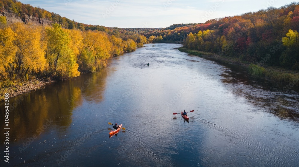Fototapeta premium Two people in canoes paddle down a river, enjoying the scenery