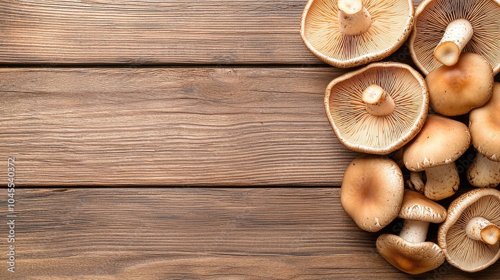 Fresh mushrooms on wooden surface, top view with natural lighting. Fresh mushrooms on wooden surface, top view with natural lighting.