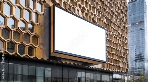 Digital signage on a building with honeycomb-patterned facade
A rectangular digital display stands blank on a building with a honeycomb-patterned facade.  photo