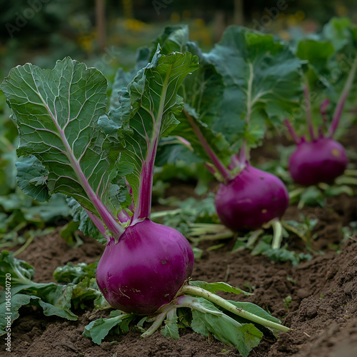 Vibrant red kohlrabi plants growing in a garden