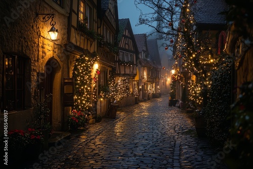 Romantic cobblestone street in Rothenburg ob der Tauber, beautifully decorated for Christmas with charming houses and a captivating evening atmosphere.