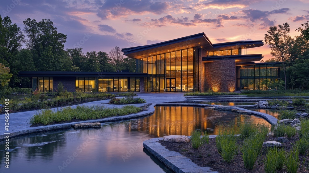 Fototapeta premium A stunning modern building reflects on tranquil waters at sunset in a serene park setting