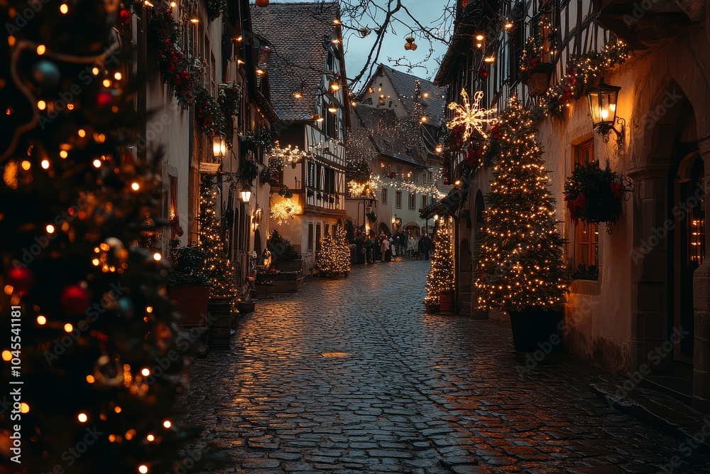 Naklejka premium Romantic cobblestone street in Rothenburg ob der Tauber, beautifully decorated for Christmas with charming houses and a captivating evening atmosphere.