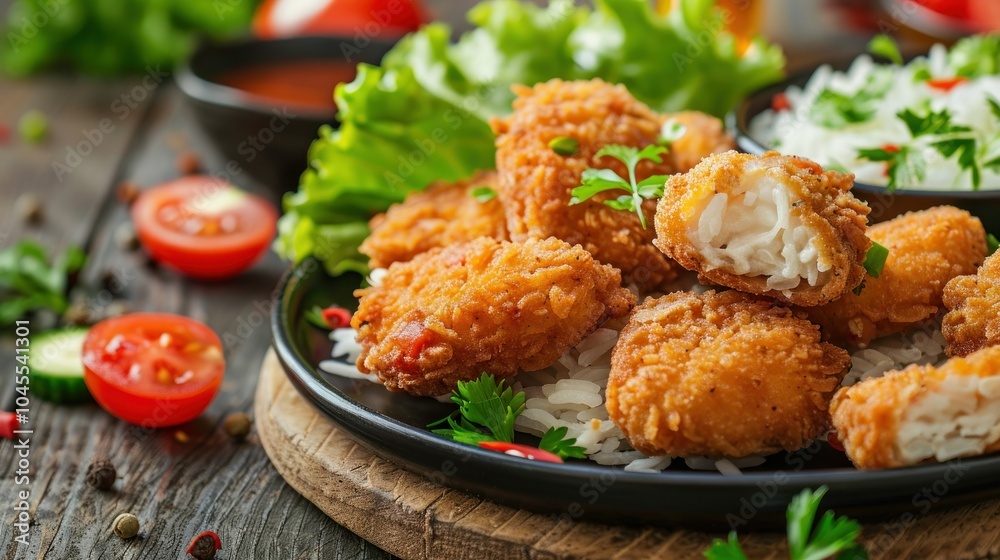 Chicken nuggets with rice and vegetables on wooden table looks delicious. Chicken nuggets with rice and vegetables on wooden table looks delicious.