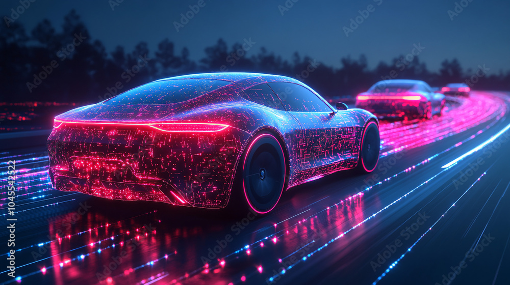 Fototapeta premium cyberpunk futuristic car on a neon highway with blue and red lights