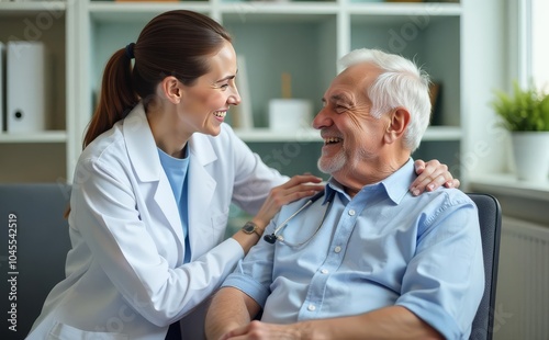 Doctor joking with aged patient give support motivation on good resul