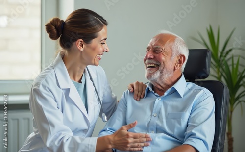 Doctor with aged patient give support motivation on good result