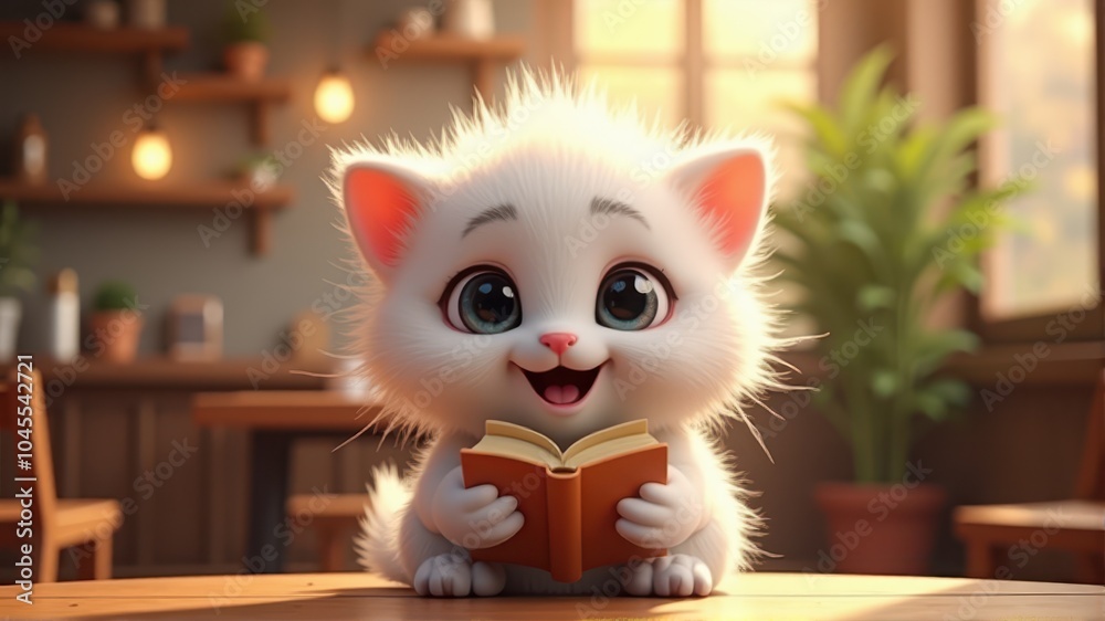 Fototapeta premium A fluffy white kitten with large eyes joyfully holds a book in a cozy, warmly lit room.