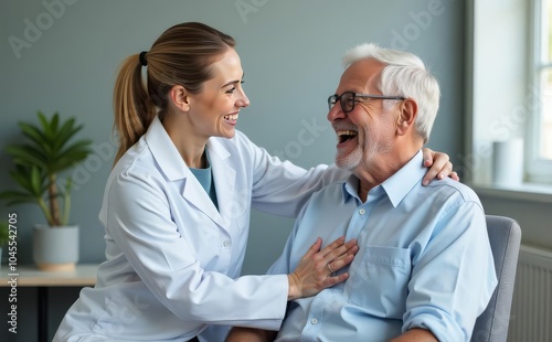 Laughter is the best medicine. Optimistic young lady doc embrace shoulders of laughing old man sitting on chair at clinic office. 
Doctor joking with aged patient give support motivation on good resul