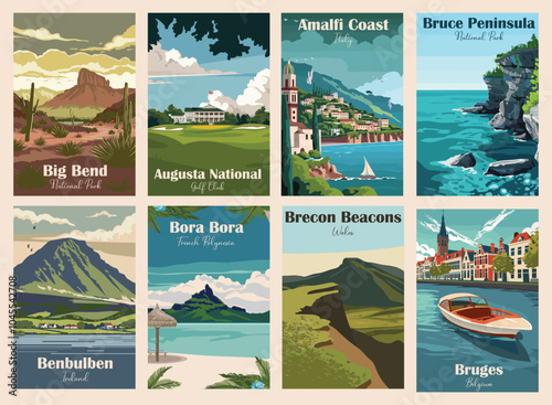 Set of Vintage Travel Posters, National Park Art Prints Nature Wall Art and Mountain Print Set Abstract Travel for Hikers Campers Living Room Decor. Vector illustration colorful