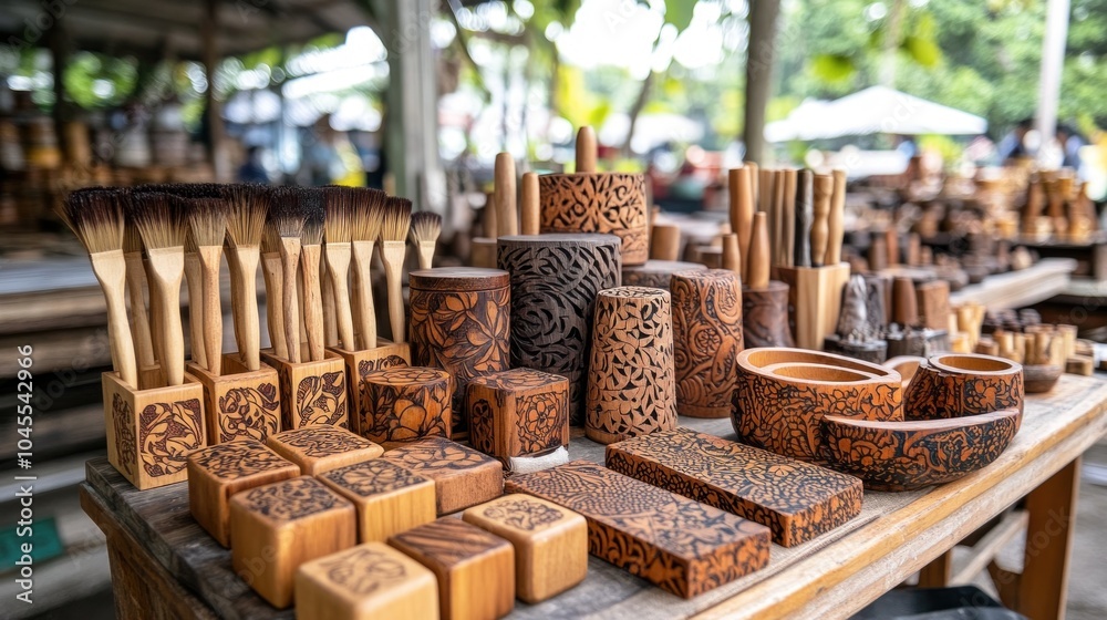 A table filled with intricately carved wooden boxes, brushes, and other crafts for sale at a market. A table filled with intricately carved wooden boxes, brushes, and other crafts for sale at a market.