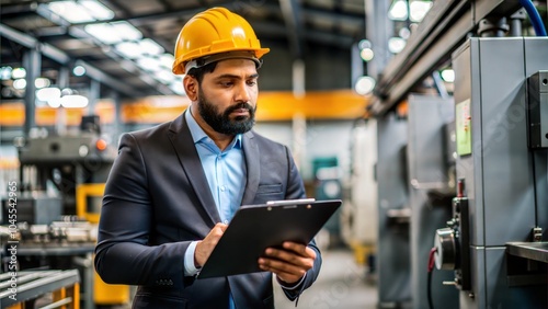 An Indian health and safety officer conducting a safety inspection at a manufacturing plant.	
 photo
