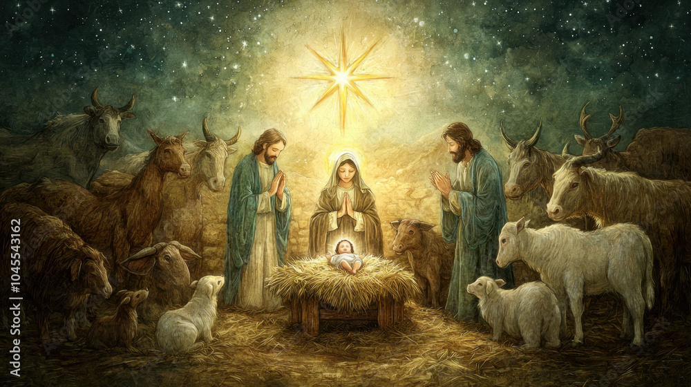 A tranquil nativity scene depicts Mary, Joseph, and baby Jesus surrounded by animals under a bright star, symbolizing peace and joy. A tranquil nativity scene depicts Mary, Joseph, and baby Jesus surrounded by animals under a bright star, symbolizing peace and joy.