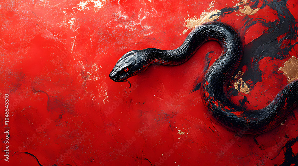 Dynamic Artistic Poster of a Snake with Bold Red Background Representing Elegance and Strength Dynamic Artistic Poster of a Snake with Bold Red Background Representing Elegance and Strength