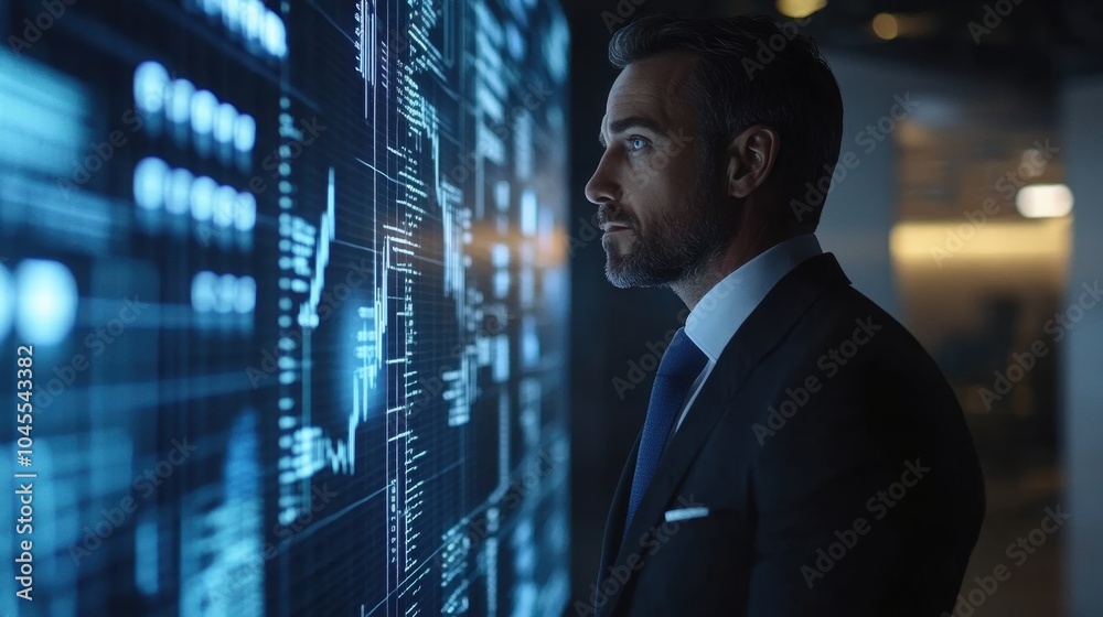Fototapeta premium Business professional analyzing data on digital display in a modern office environment during evening hours