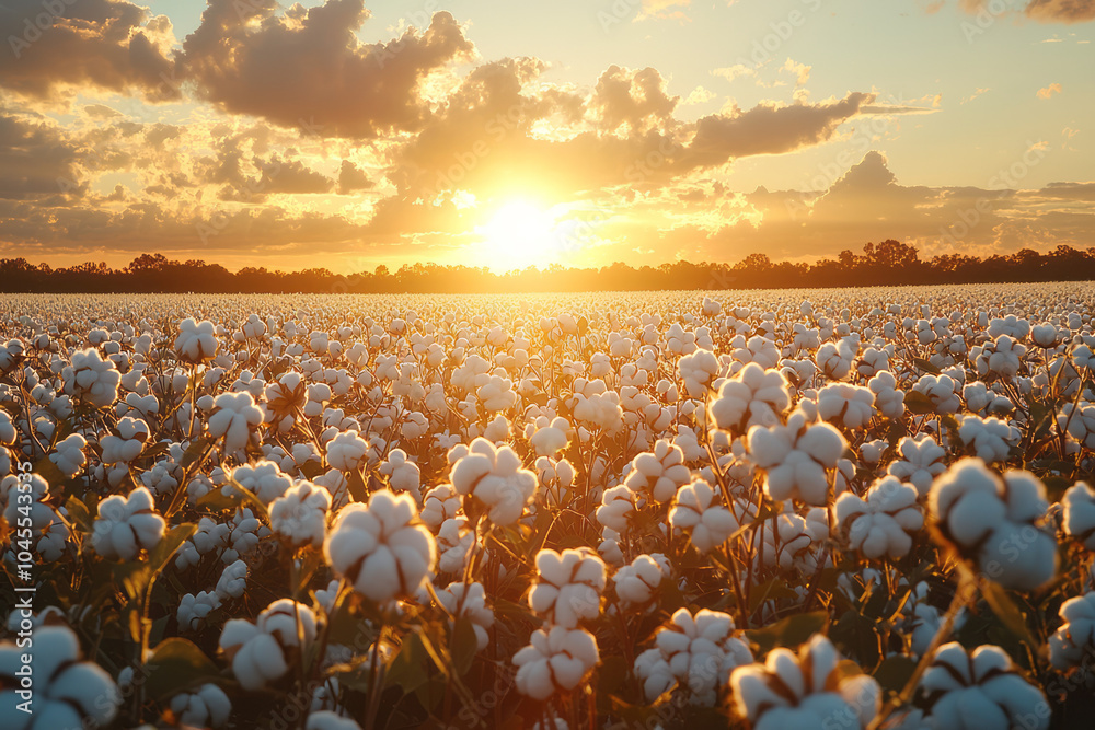 Fototapeta premium A serene cotton plantation at sunrise, with soft morning light illuminating the white cotton bolls across the vast fields,