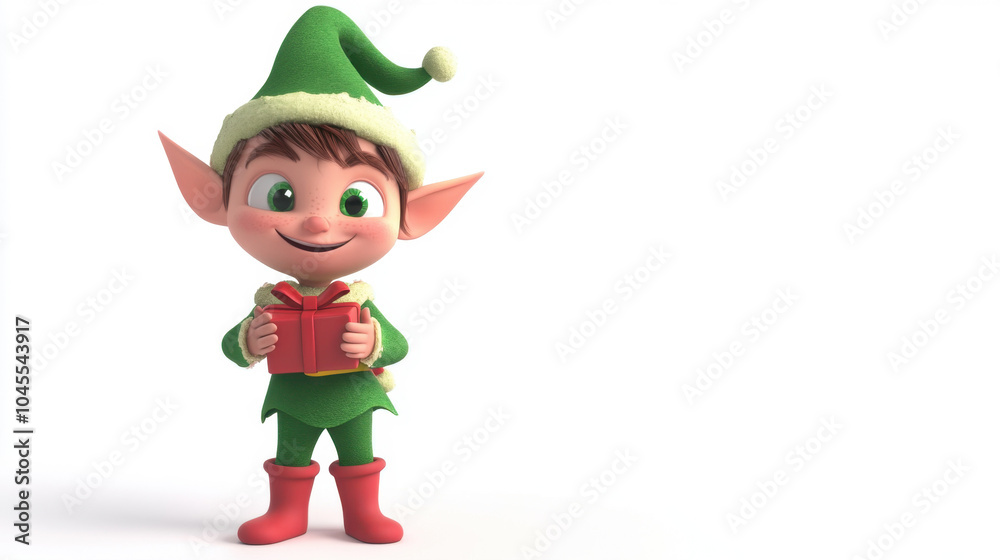 A cheerful elf character holding a red gift, wearing a green outfit and a festive hat, perfect for holiday themes. A cheerful elf character holding a red gift, wearing a green outfit and a festive hat, perfect for holiday themes.