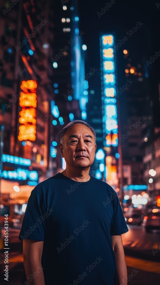 A man poses in front of a neon-lit futuristic high-rise in the city A man poses in front of a neon-lit futuristic high-rise in the city