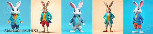 Large banner with rabbits (bunnies) dressed in business suits on light backgrounds. Easter banner concept for business