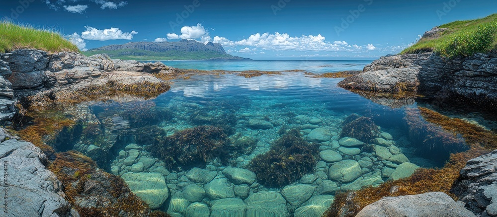 A serene coastal landscape with clear water, rocks, and distant hills under a blue sky. A serene coastal landscape with clear water, rocks, and distant hills under a blue sky.
