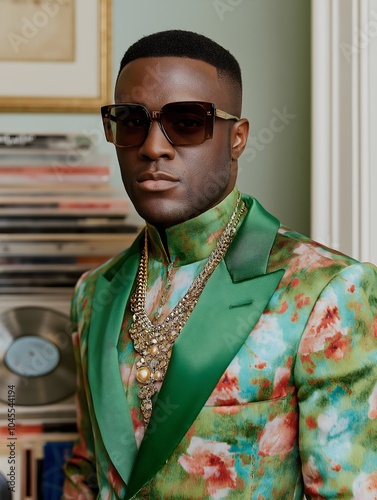 Black man with distinct bohemian flair confidently poses surrounded by assortment of vinyl records. His style is unmistakably retro, lime green floral jacket. photo