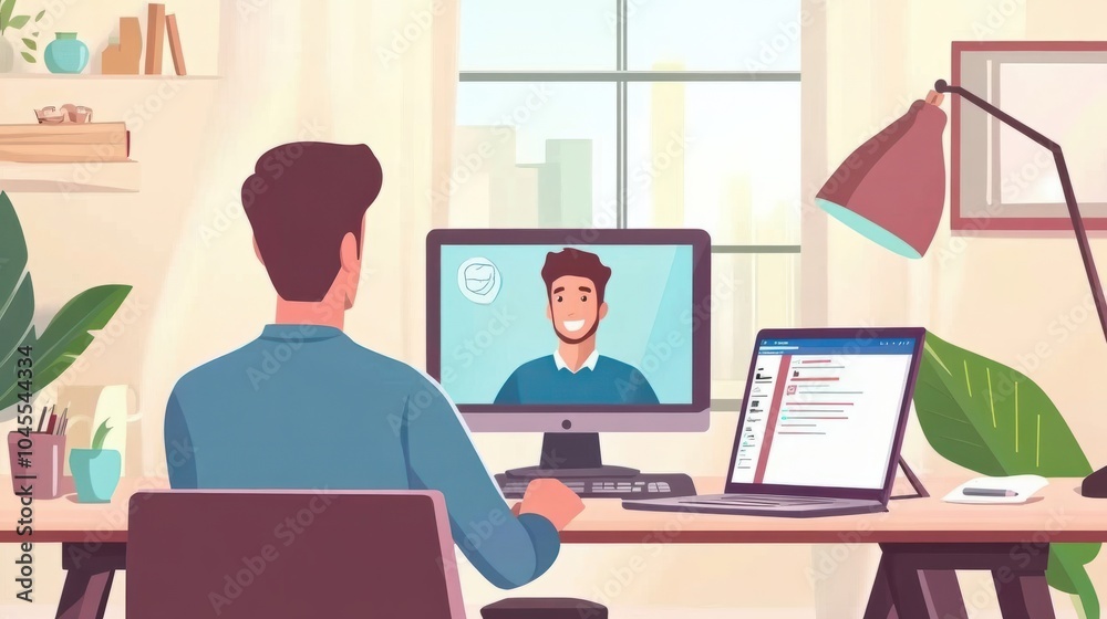 Online training. Young guy learns online by video conference in zoom app. On the screen, the teacher tells the information to him and other participants in the conference Online training. Young guy learns online by video conference in zoom app. On the screen, the teacher tells the information to him and other participants in the conference
