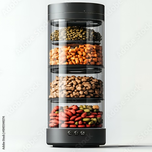 A black multi-level pet food dispenser with four different types of food. photo