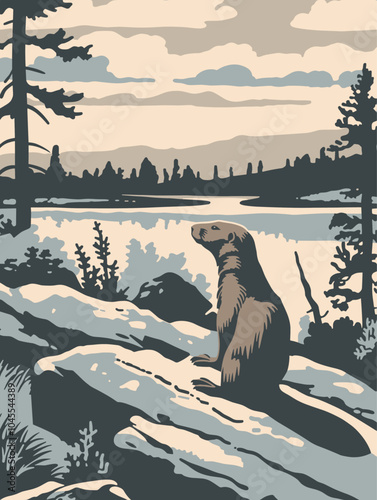 Mountain Marmot in Meadow, Yellowstone National Park Poster, Alpine Habitat and Peaks