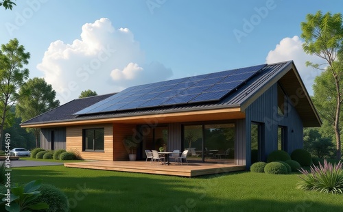 Modern eco friendly house with a solar system Solar panels on the on the roof. solar panel install on roof