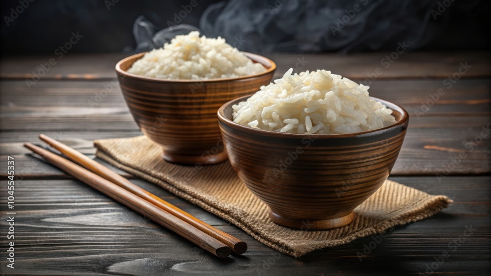 Two Wooden Bowls Filled with Steaming White Rice on a Rustic Wooden Table, Accompanied by Chopsticks Two Wooden Bowls Filled with Steaming White Rice on a Rustic Wooden Table, Accompanied by Chopsticks