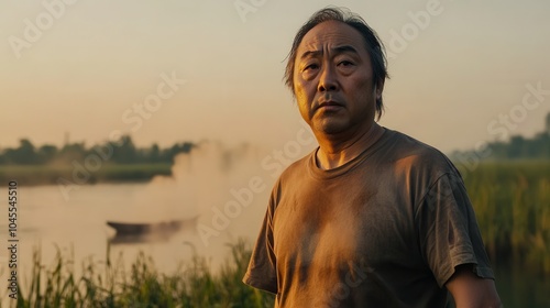 A middle-aged Asian man watches the mist rise from the river in the peaceful morning light