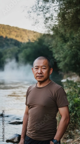 A man enjoys the tranquil beauty of a riverbank surrounded by morning mist and nature