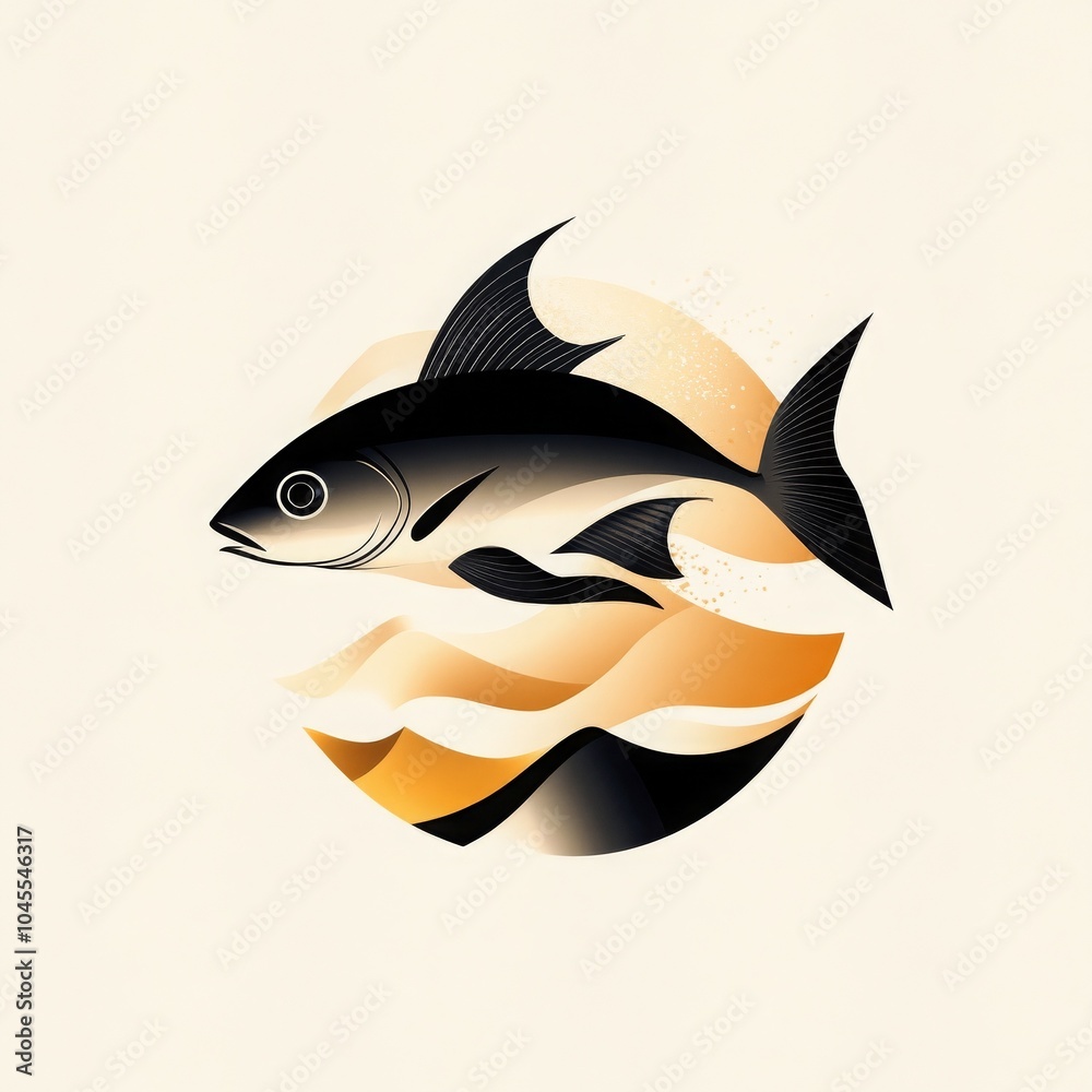 Abstract Fish Illustration With Golden Waves Abstract Fish Illustration With Golden Waves
