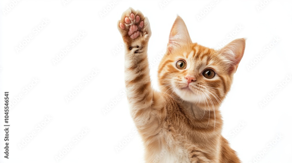 Fototapeta premium A cute ginger cat raises its paw in a gesture of greeting, isolated against a white background.