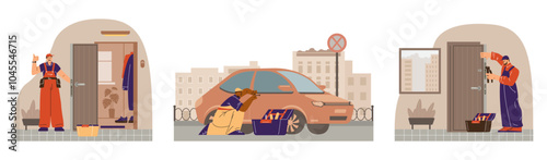 Professional locksmith worker repairing house and car door locks using special tools, vector repairman fixing service