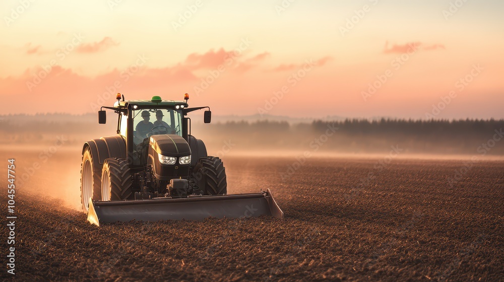 Fototapeta premium A powerful tractor plowing a field at sunset, creating a picturesque rural scene with soft lighting and dust trails.