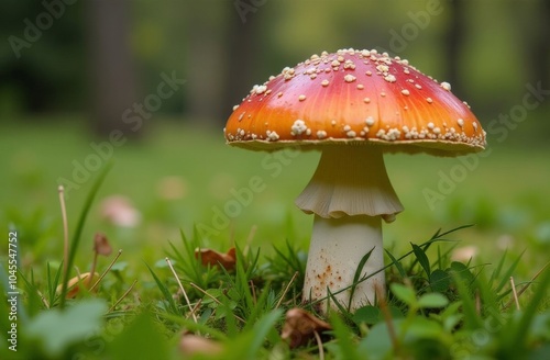 Close-up of a vibrant red toadstool with white spots, nestled in a forest setting surrounded by dried leaves and grass - Amanita muscaria